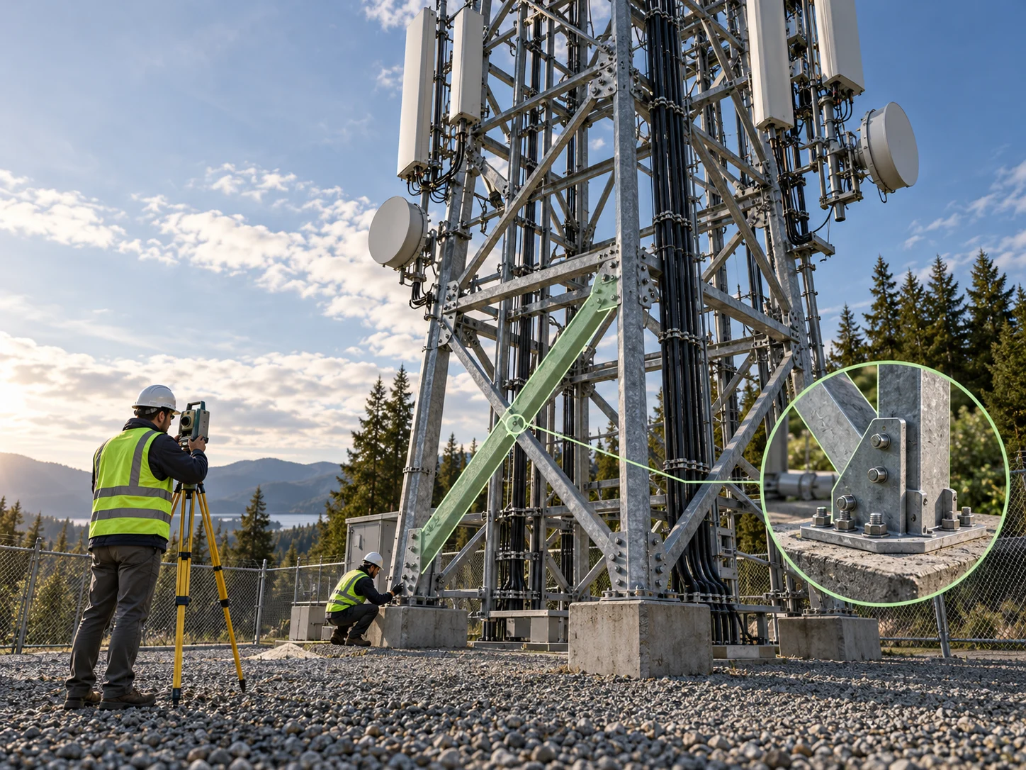 Concept photograph of survey and assessment work at an installed telecom tower.