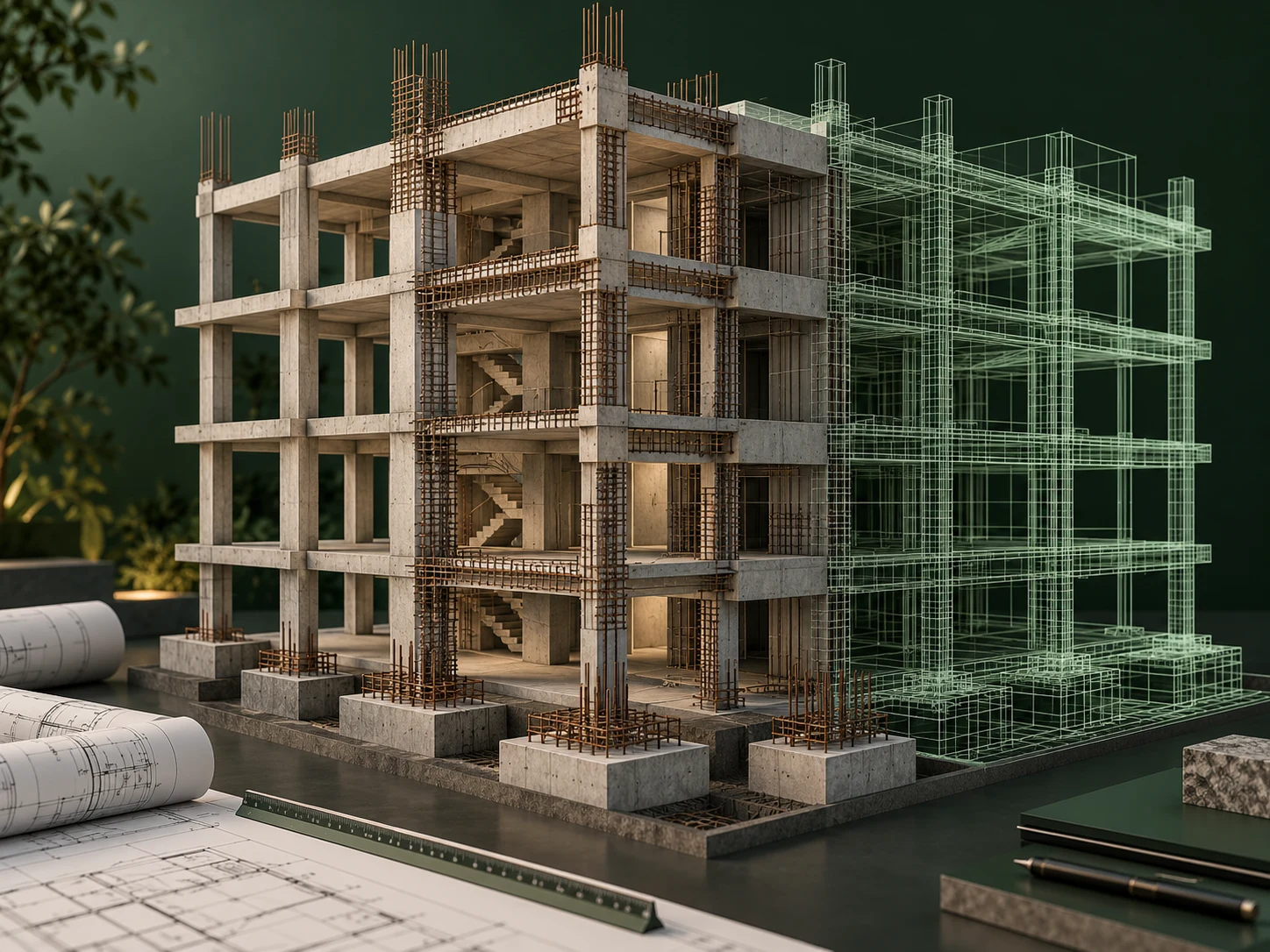 Concept structural model combining detailed concrete framing and a coordinated digital wireframe.