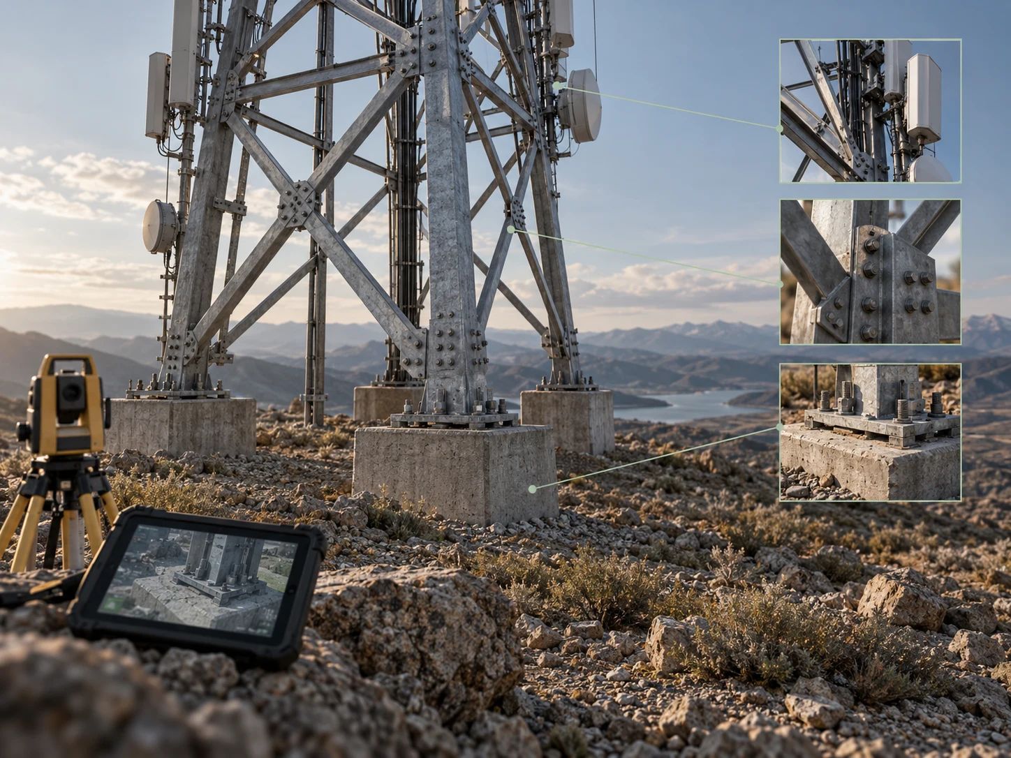 Concept visualization of telecom tower foundations, bolted steel connections and photographic survey evidence.
