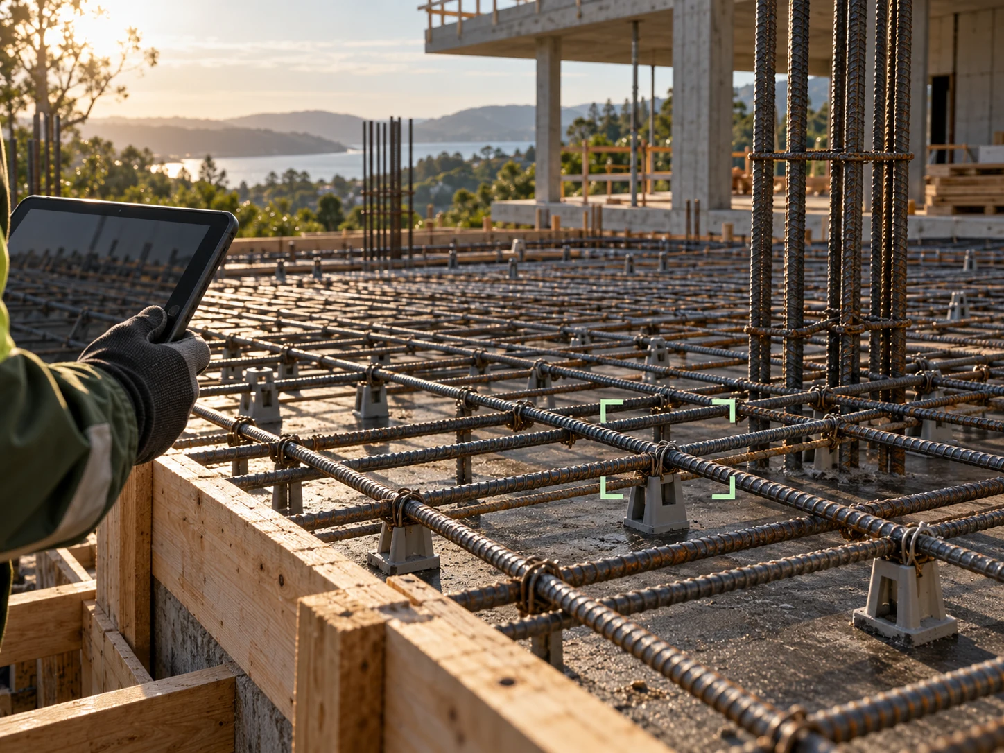Concept scene of reinforcement inspection before concrete pouring at a construction site.