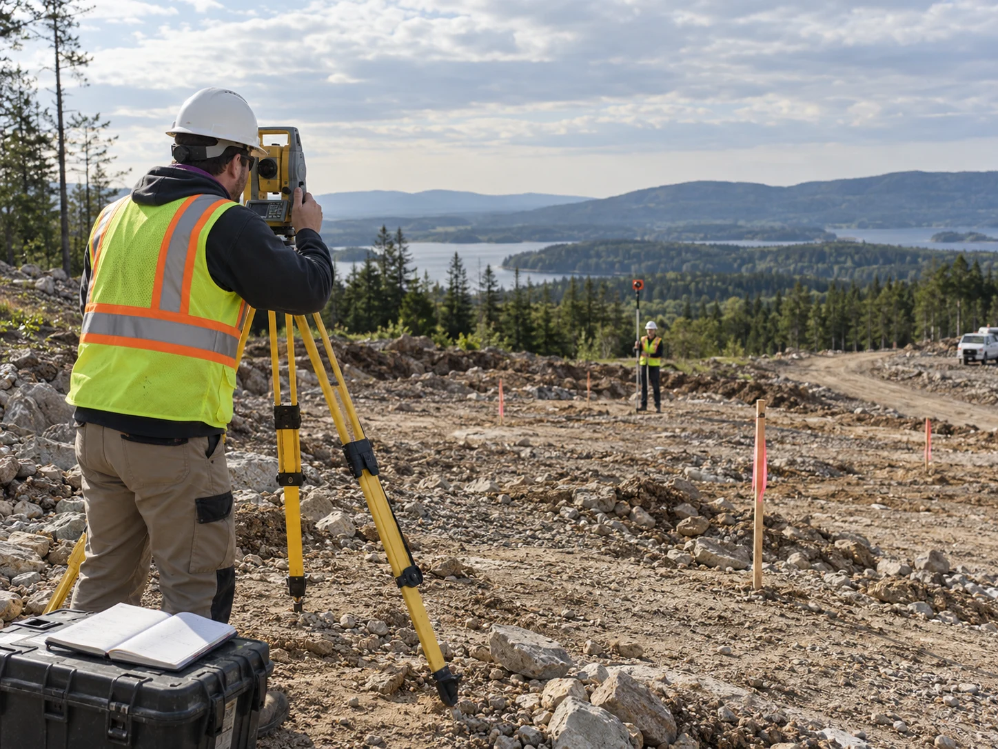 Concept photograph of a survey team measuring a cleared plot before tower construction.